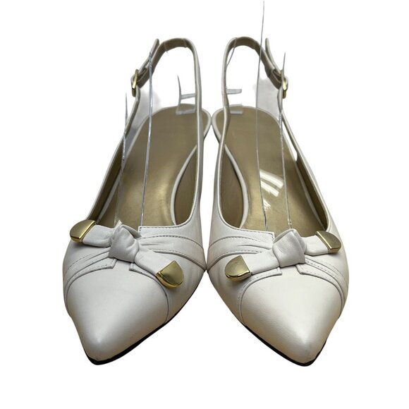 Stuart Weitzman Women’s White Leather Gold Tips Slingback Kitten Heels Size 8.5N - Picture 2 of 10